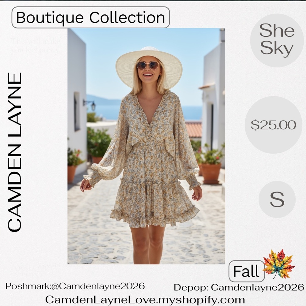 She + Sky Long Sleeve Floral Dress in Cream and Gold - Picture 3 of 11